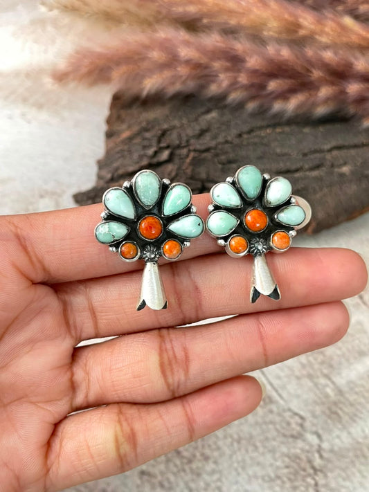 Handmade Sterling Silver Orange Mojave with Paloma Turquoise Post Studs Squash Blossom Earrings Signed Nizhoni