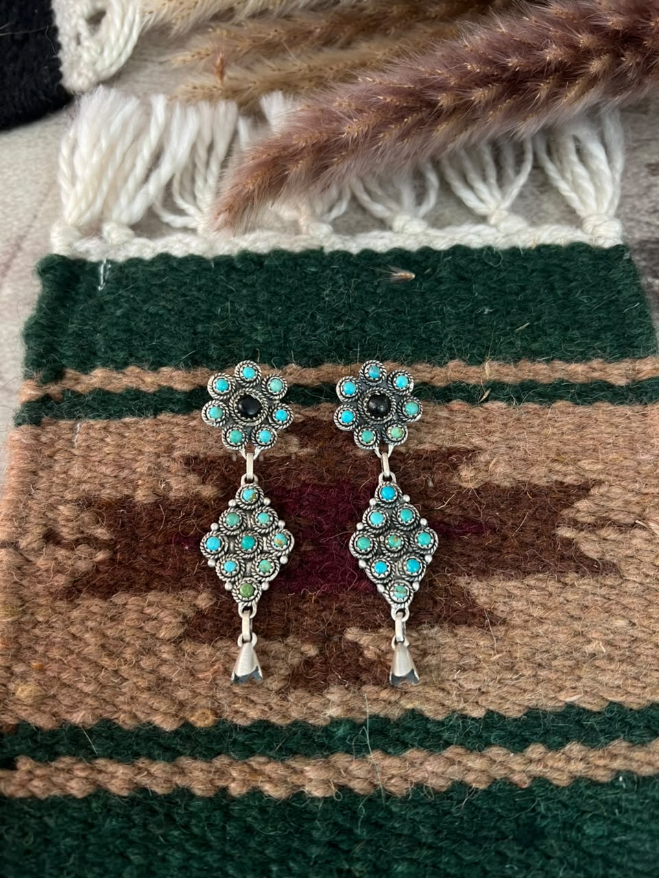 Handmade Sterling Silver Kingman Turquoise with White Buffalo Post Dangle Squash Blossom Earrings Signed Nizhoni