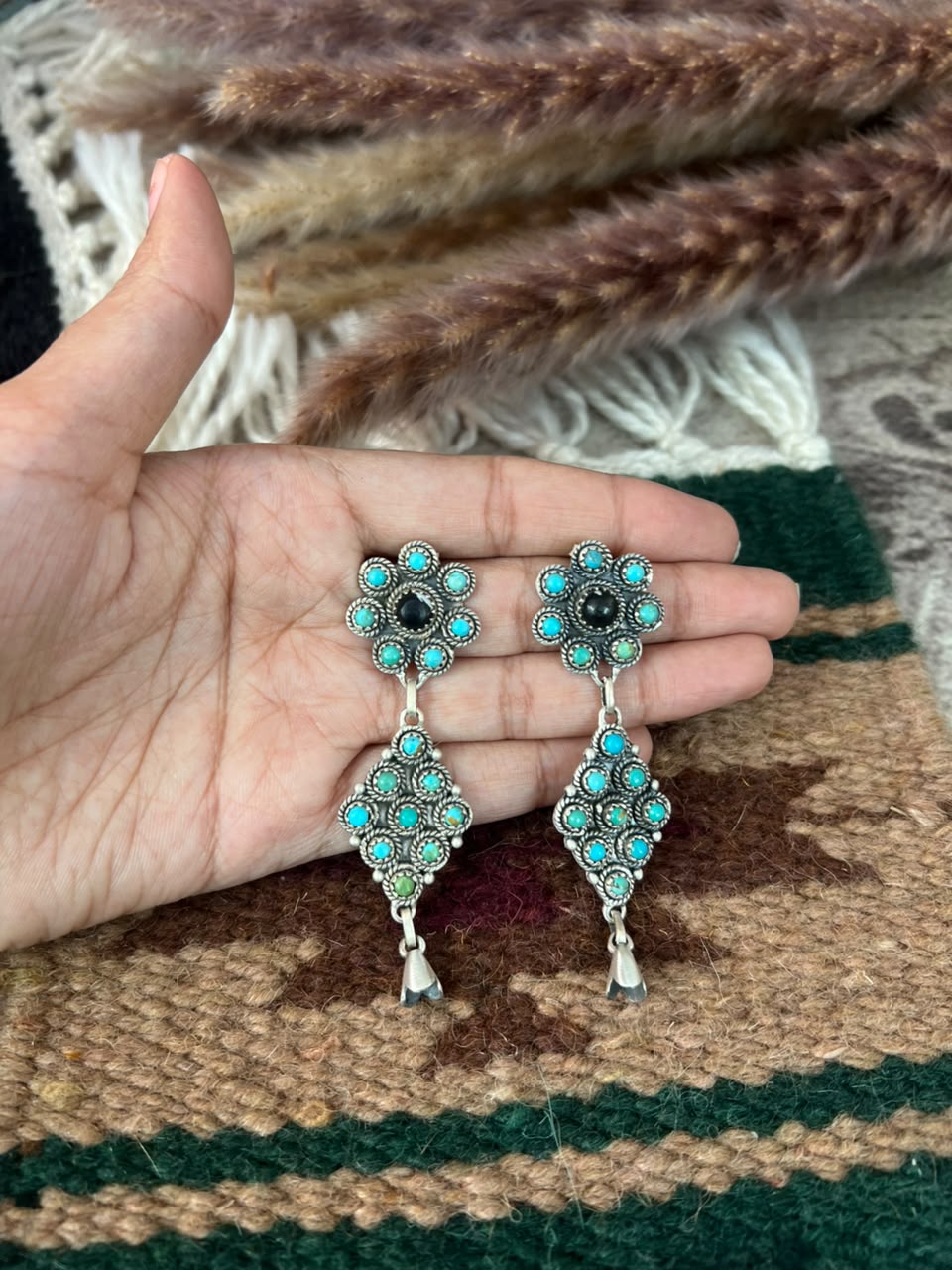 Handmade Sterling Silver Kingman Turquoise with White Buffalo Post Dangle Squash Blossom Earrings Signed Nizhoni