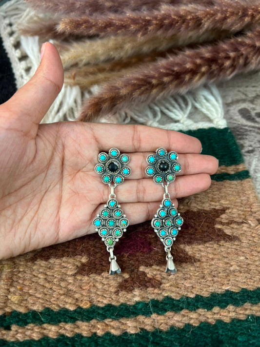 Handmade Sterling Silver Kingman Turquoise with White Buffalo Post Dangle Squash Blossom Earrings Signed Nizhoni