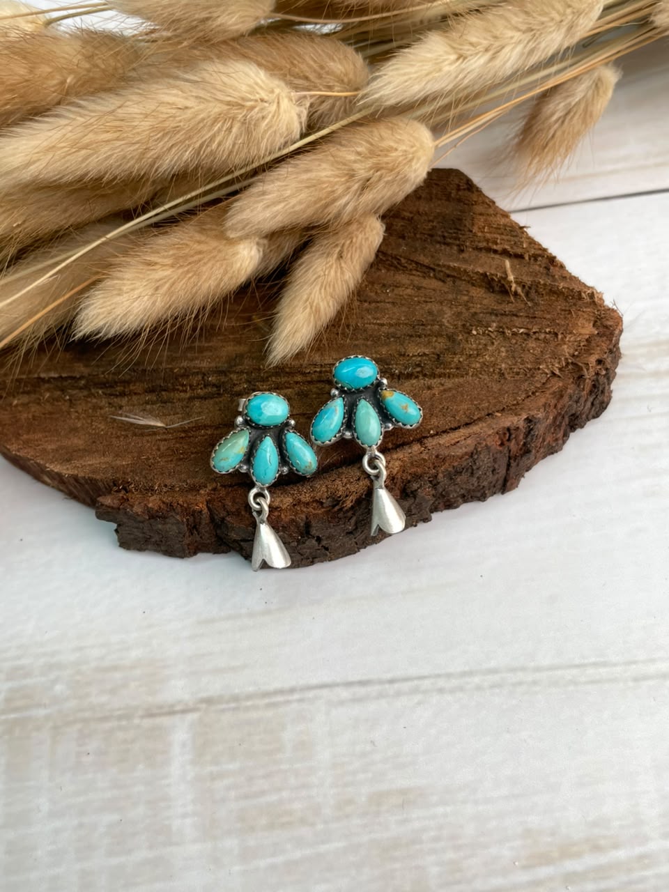 Handmade Sterling Silver Kingman Turquoise Post Studs Squash Blossom Earrings Signed Nizhoni