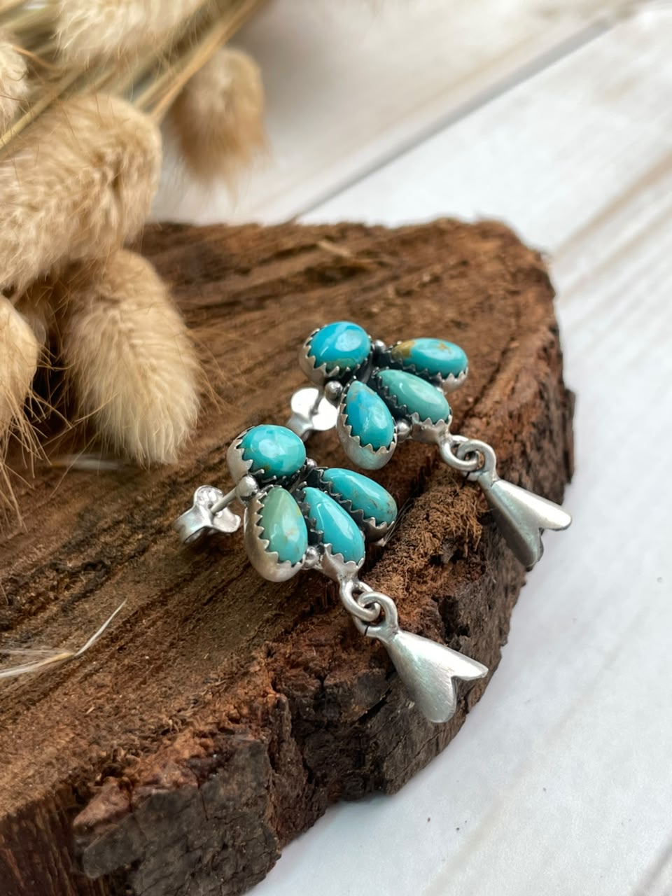 Handmade Sterling Silver Kingman Turquoise Post Studs Squash Blossom Earrings Signed Nizhoni