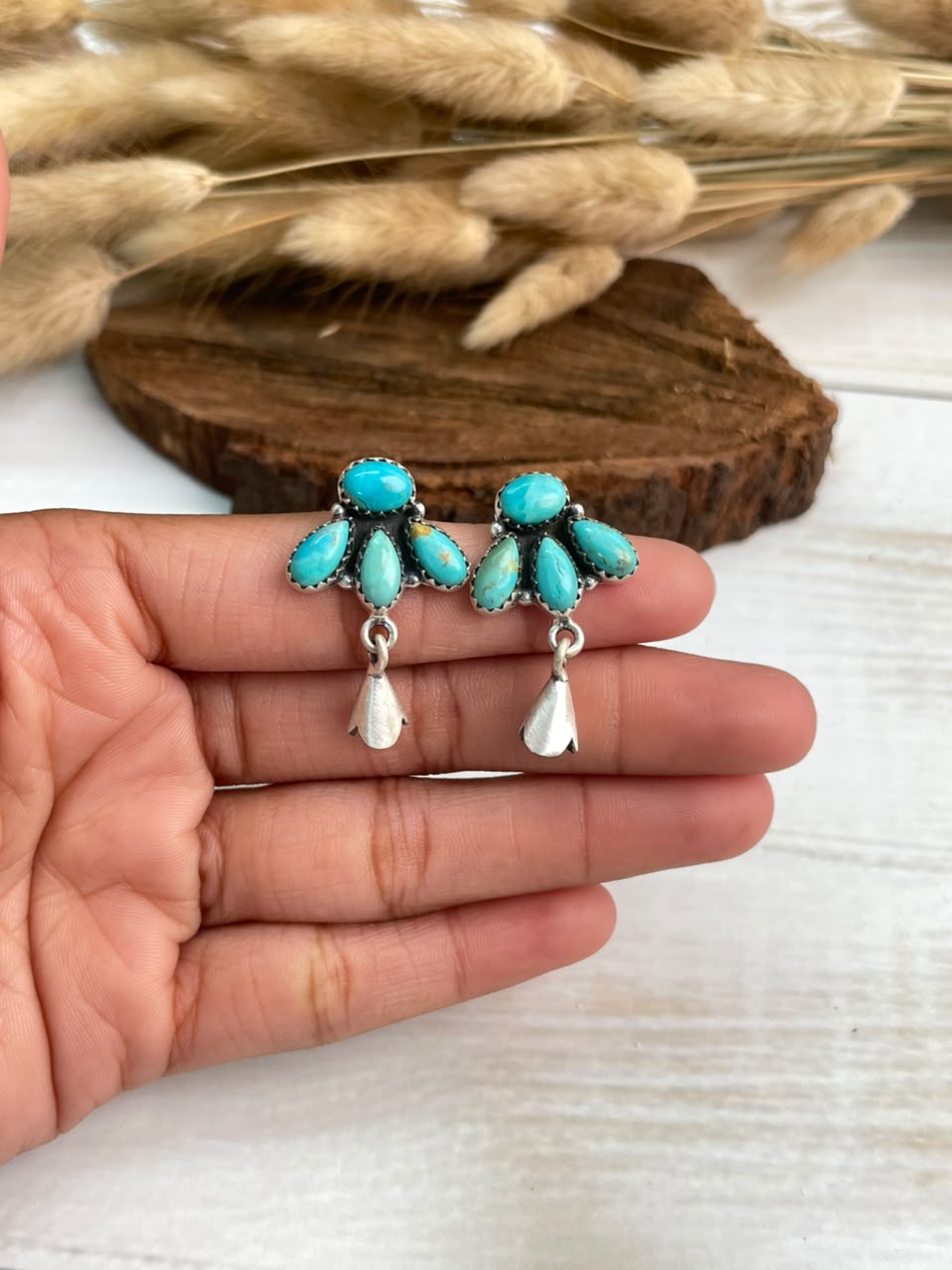 Handmade Sterling Silver Kingman Turquoise Post Studs Squash Blossom Earrings Signed Nizhoni