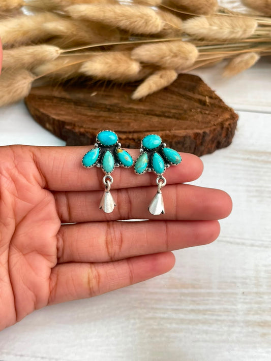 Handmade Sterling Silver Kingman Turquoise Post Studs Squash Blossom Earrings Signed Nizhoni