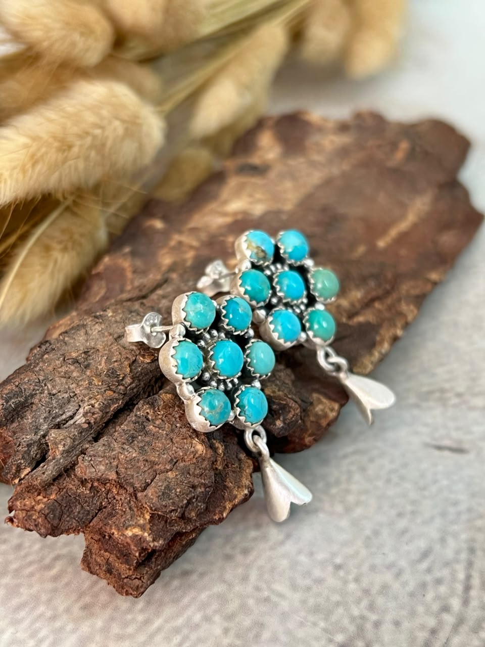 Handmade Sterling Silver Kingman Turquoise Post Studs Squash Blossom Earrings Signed Nizhoni