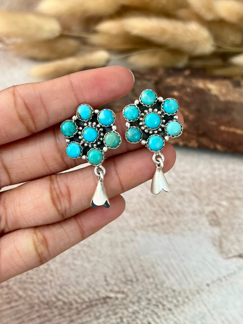 Handmade Sterling Silver Kingman Turquoise Post Studs Squash Blossom Earrings Signed Nizhoni