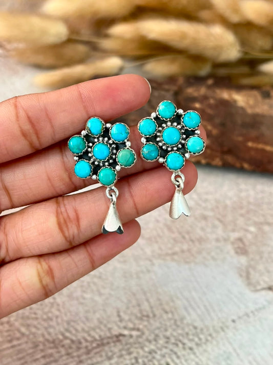 Handmade Sterling Silver Kingman Turquoise Post Studs Squash Blossom Earrings Signed Nizhoni