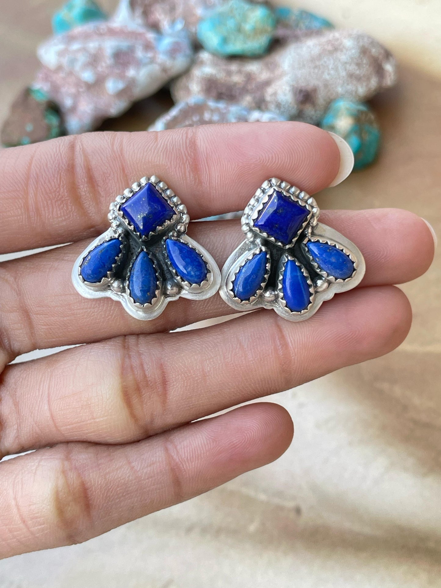 Handmade Sterling Silver post earring Options- Mojave, Black onyx, Lapis Lazuli, Dahlia rose , Signed Nizhoni