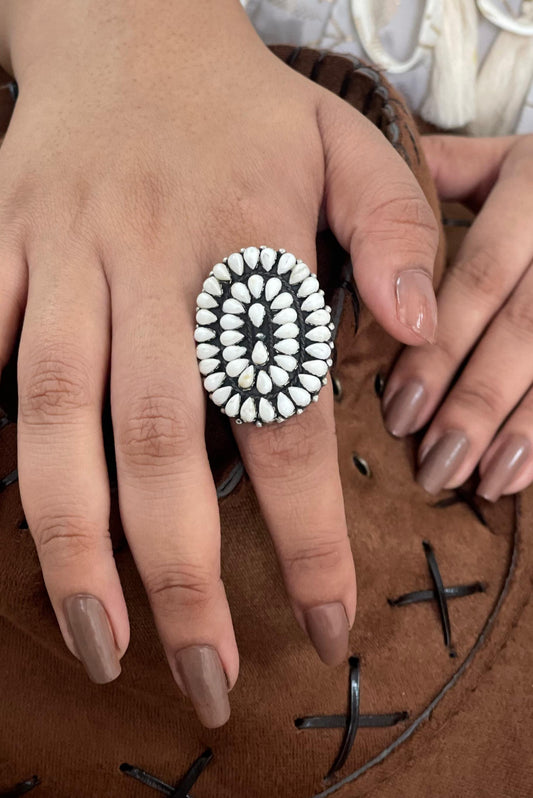 Handmade Sterling Silver White Buffalo Turquoise Adjustable Ring with Signed Nizhoni (1)