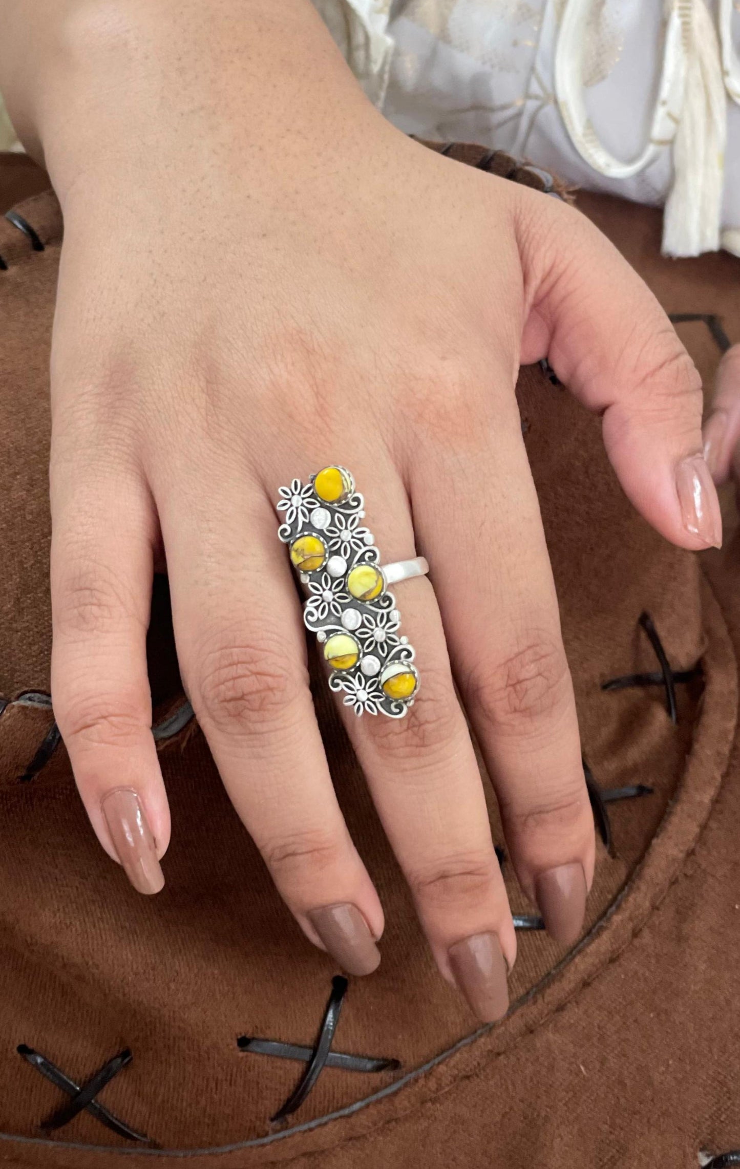 Handmade Sterling Silver Honey Dahlia Adjustable Ring with Signed Nizhoni
