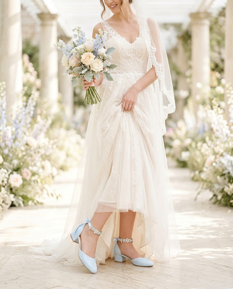 Lace Round Toe Low Block Heel Wedding Shoes with Navette Cluster Rhinestones Strap