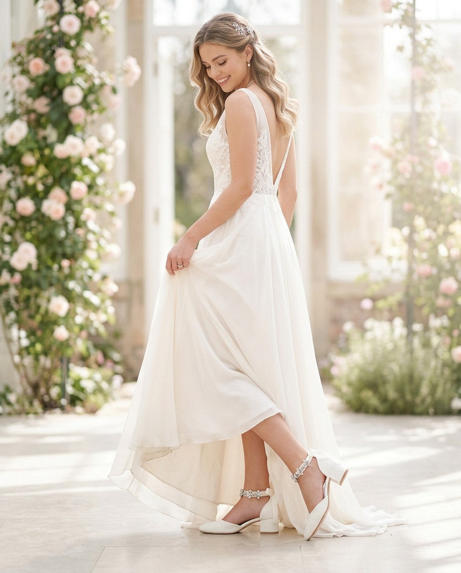 Lace Round Toe Low Block Heel Wedding Shoes with Navette Cluster Rhinestones Strap
