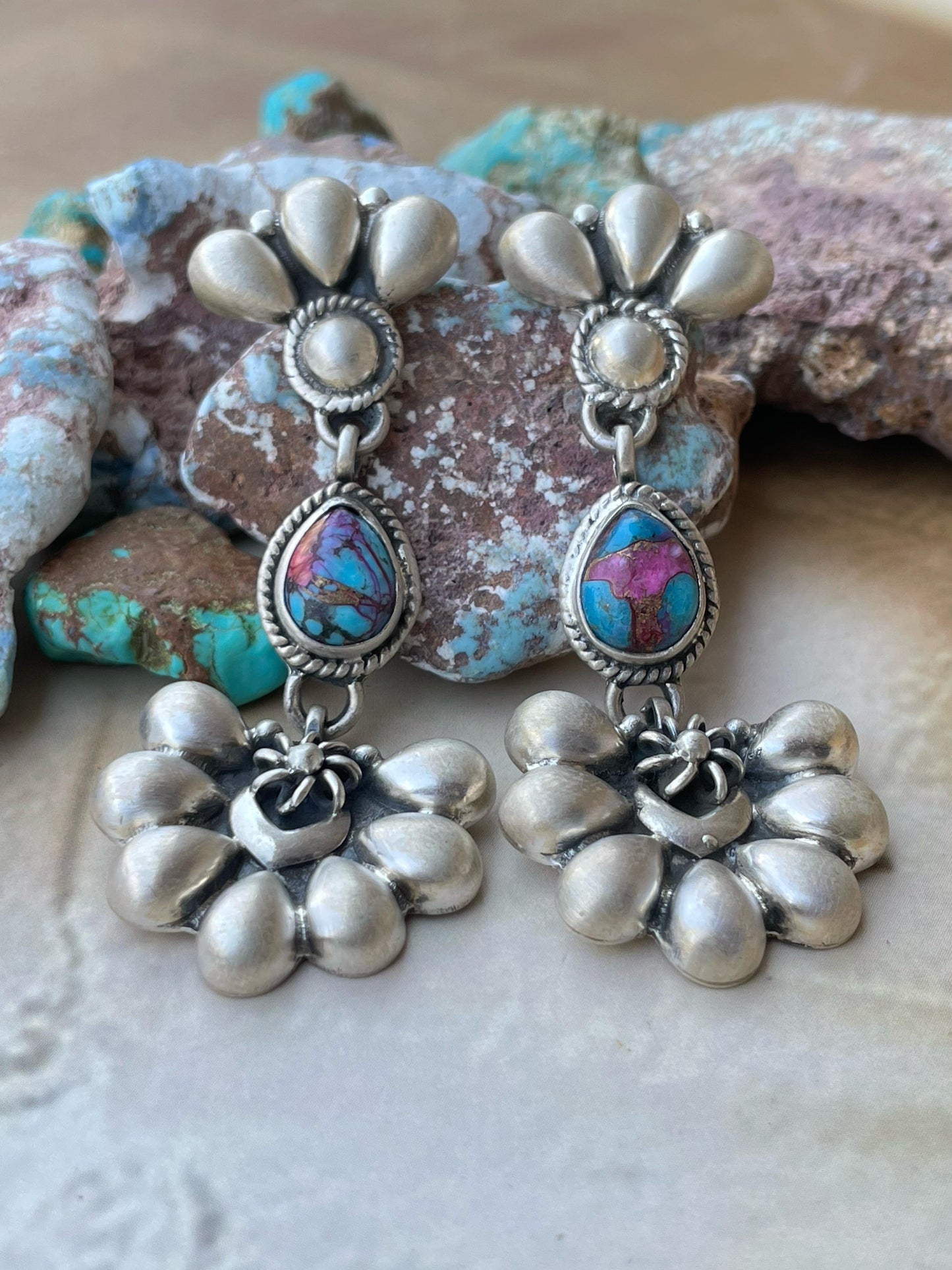 Handmade Sterling Silver Pink Dream post Earrings , Signed Nizhoni