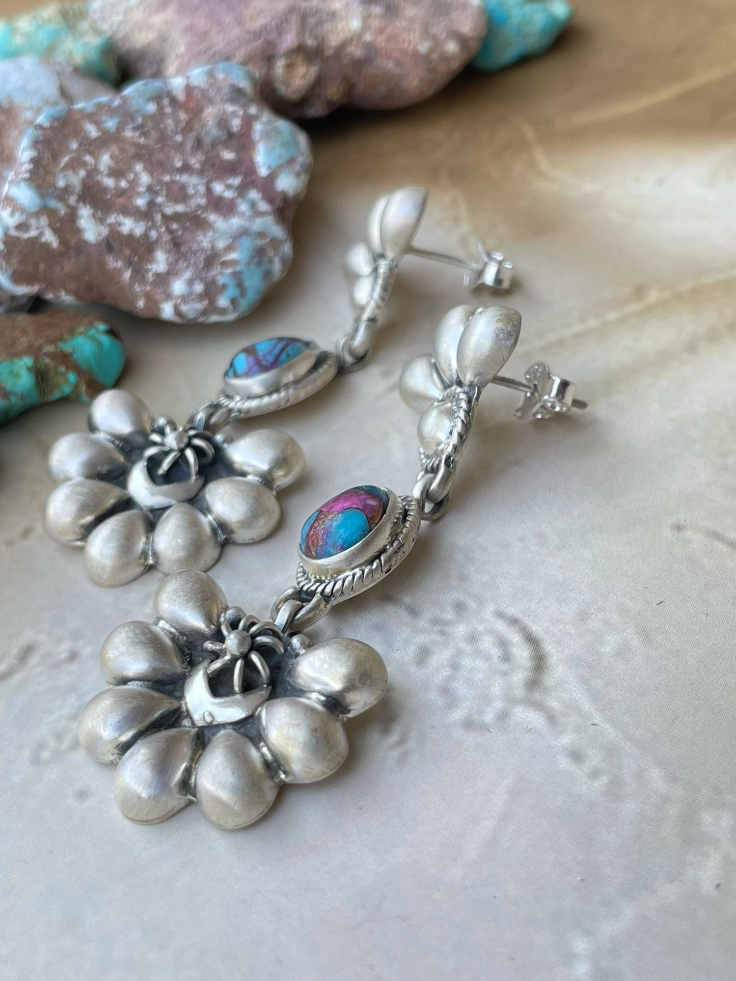 Handmade Sterling Silver Pink Dream post Earrings , Signed Nizhoni