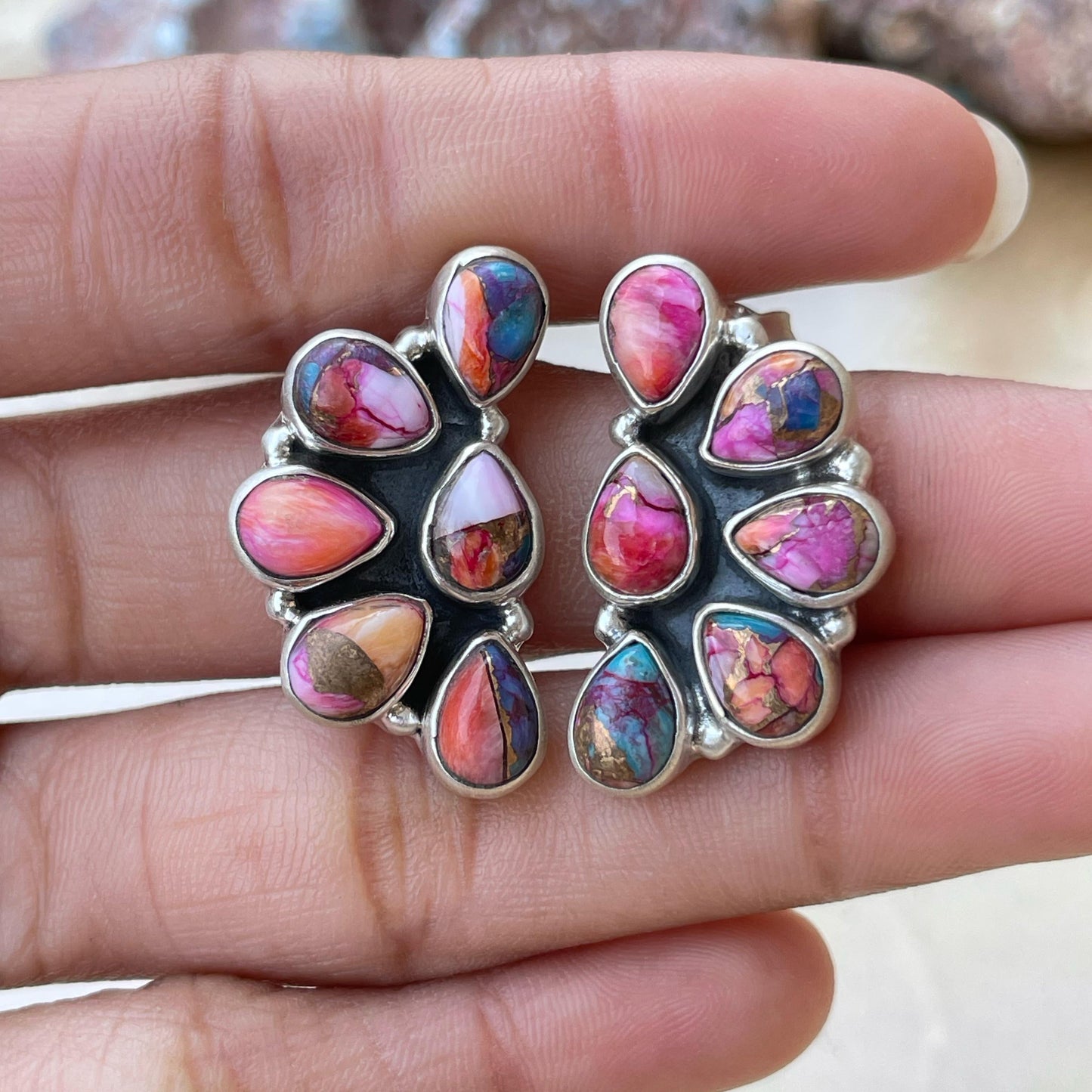 Handmade Sterling Silver Pink Dream crescent post Earrings , Signed Nizhoni