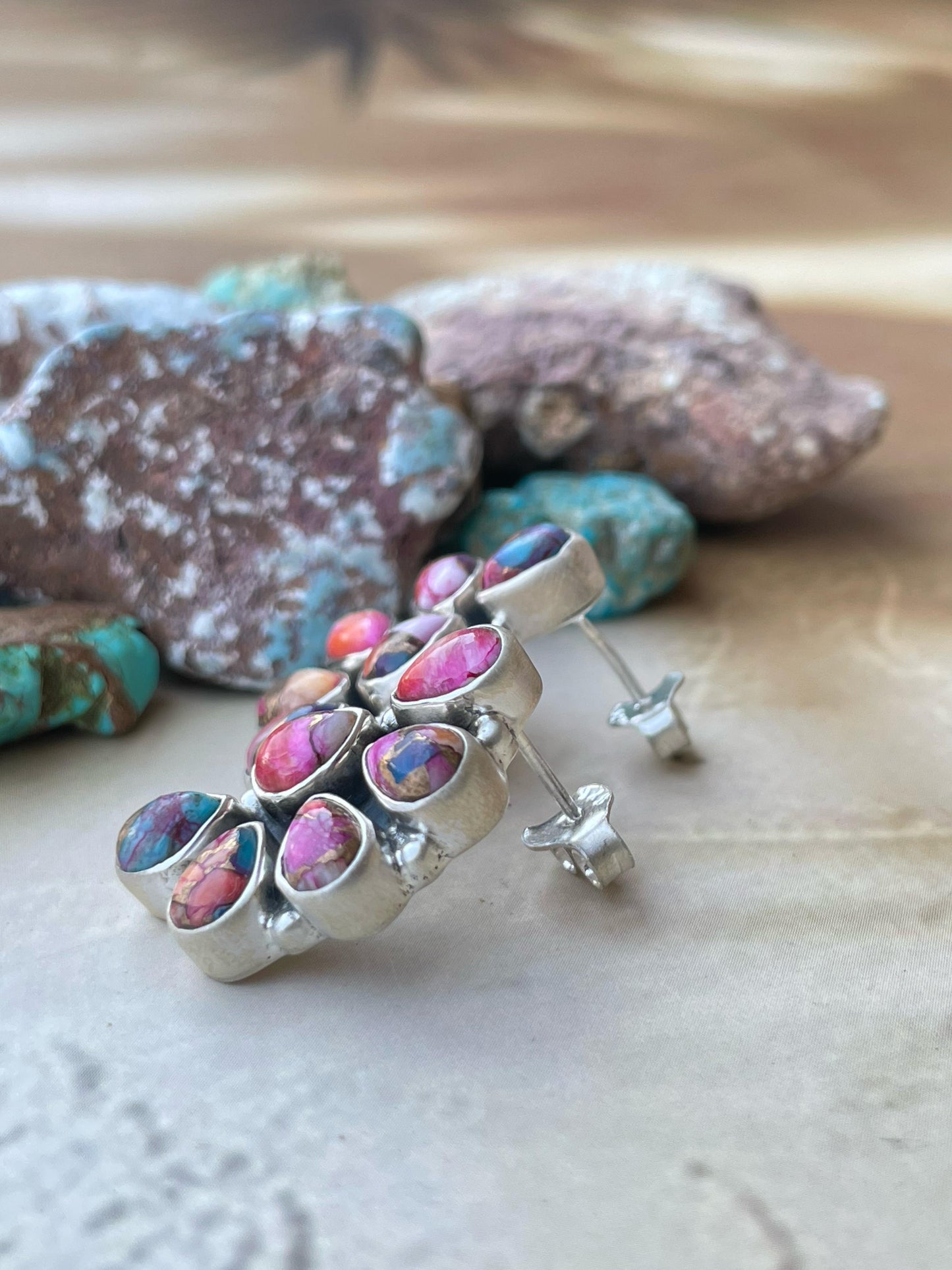 Handmade Sterling Silver Pink Dream crescent post Earrings , Signed Nizhoni