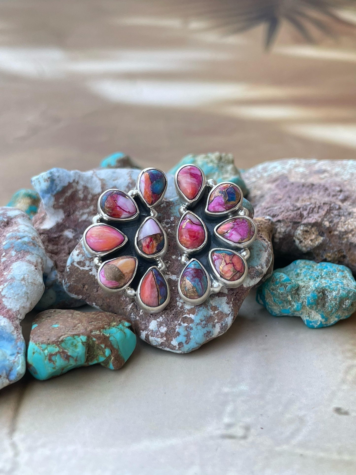 Handmade Sterling Silver Pink Dream crescent post Earrings , Signed Nizhoni