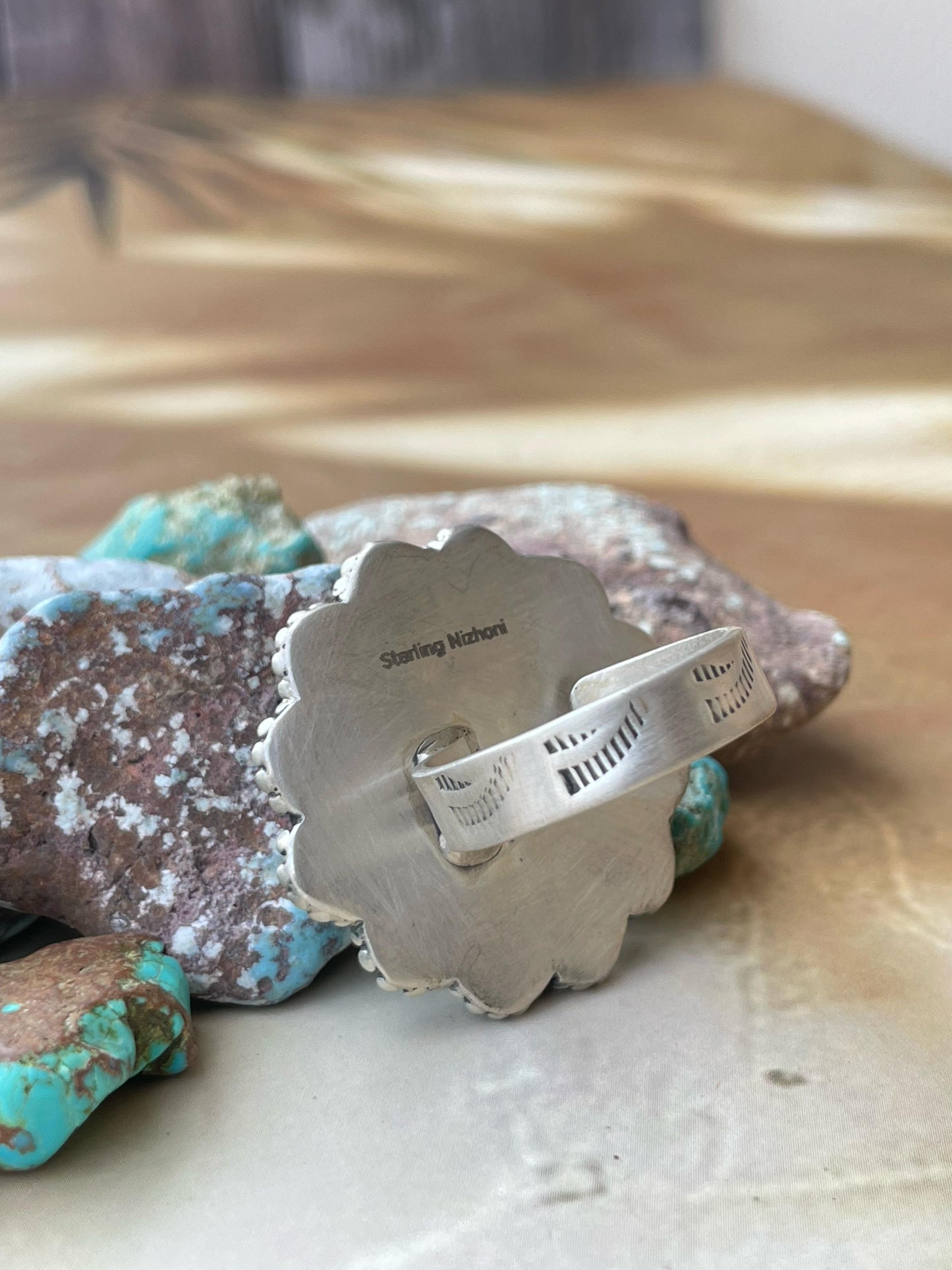 Handmade Sterling Silver Pink dream With Mojave Turquoise adjustable cluster ring , signed Nizhoni