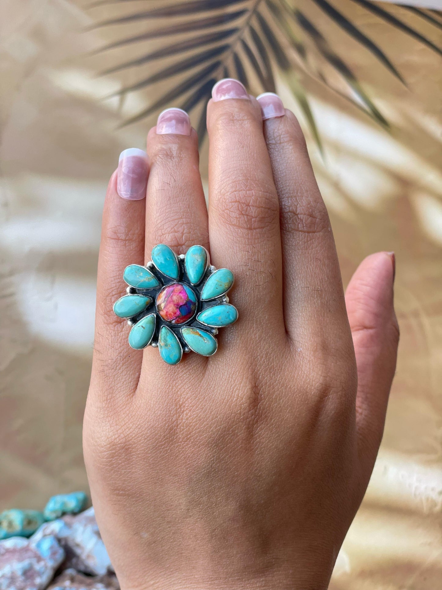 Handmade Sterling Silver Pink dream With Mojave Turquoise adjustable ring , signed Nizhoni
