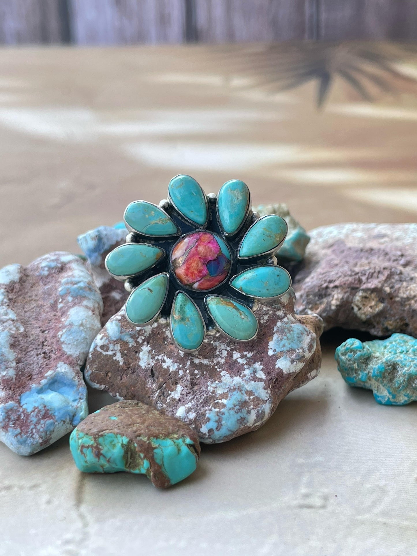 Handmade Sterling Silver Pink dream With Mojave Turquoise adjustable ring , signed Nizhoni
