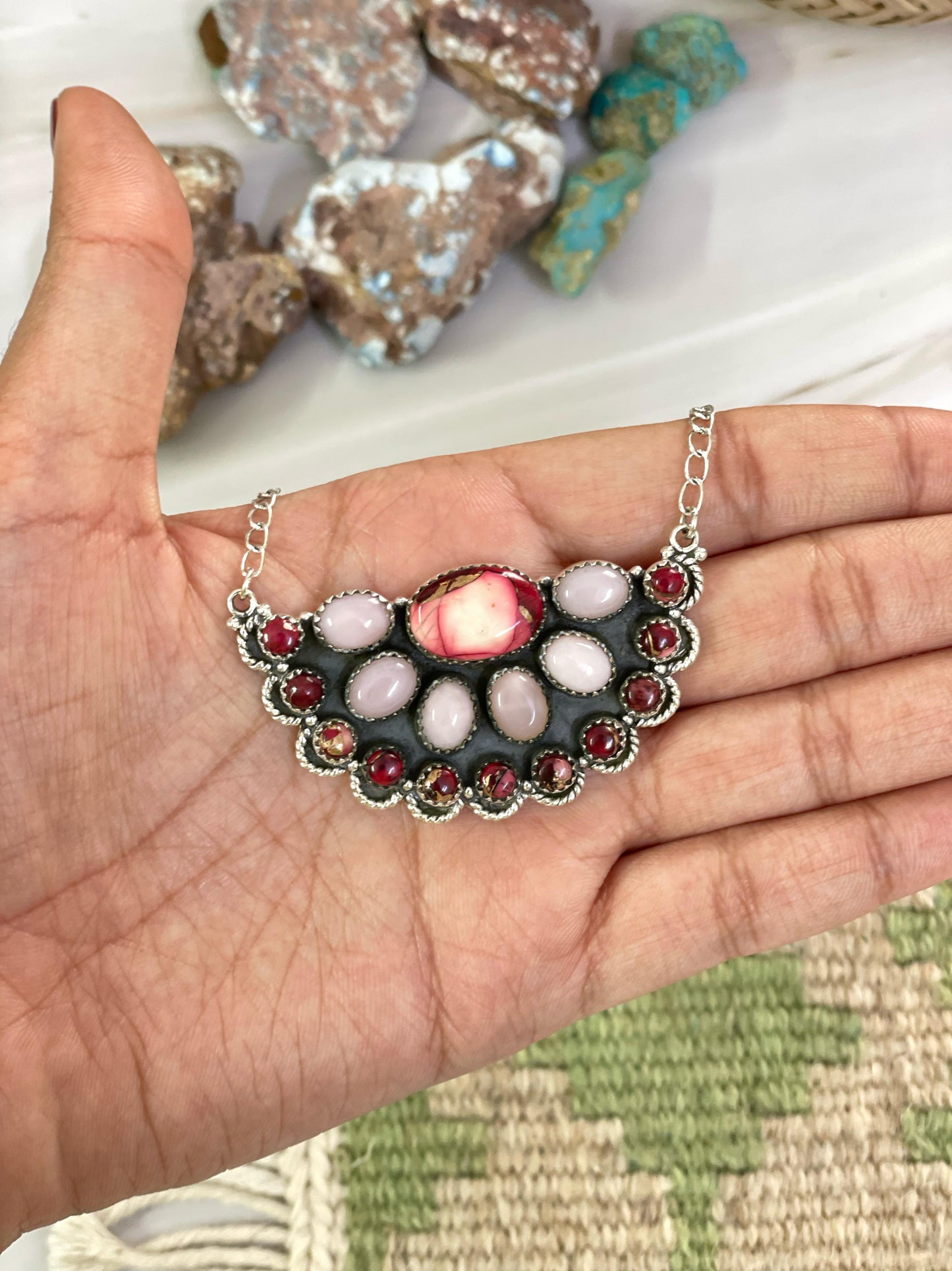 Handmade Sterling Silver, ROSE DAHLIA, PINK OPAL Necklace Signed Nizhoni