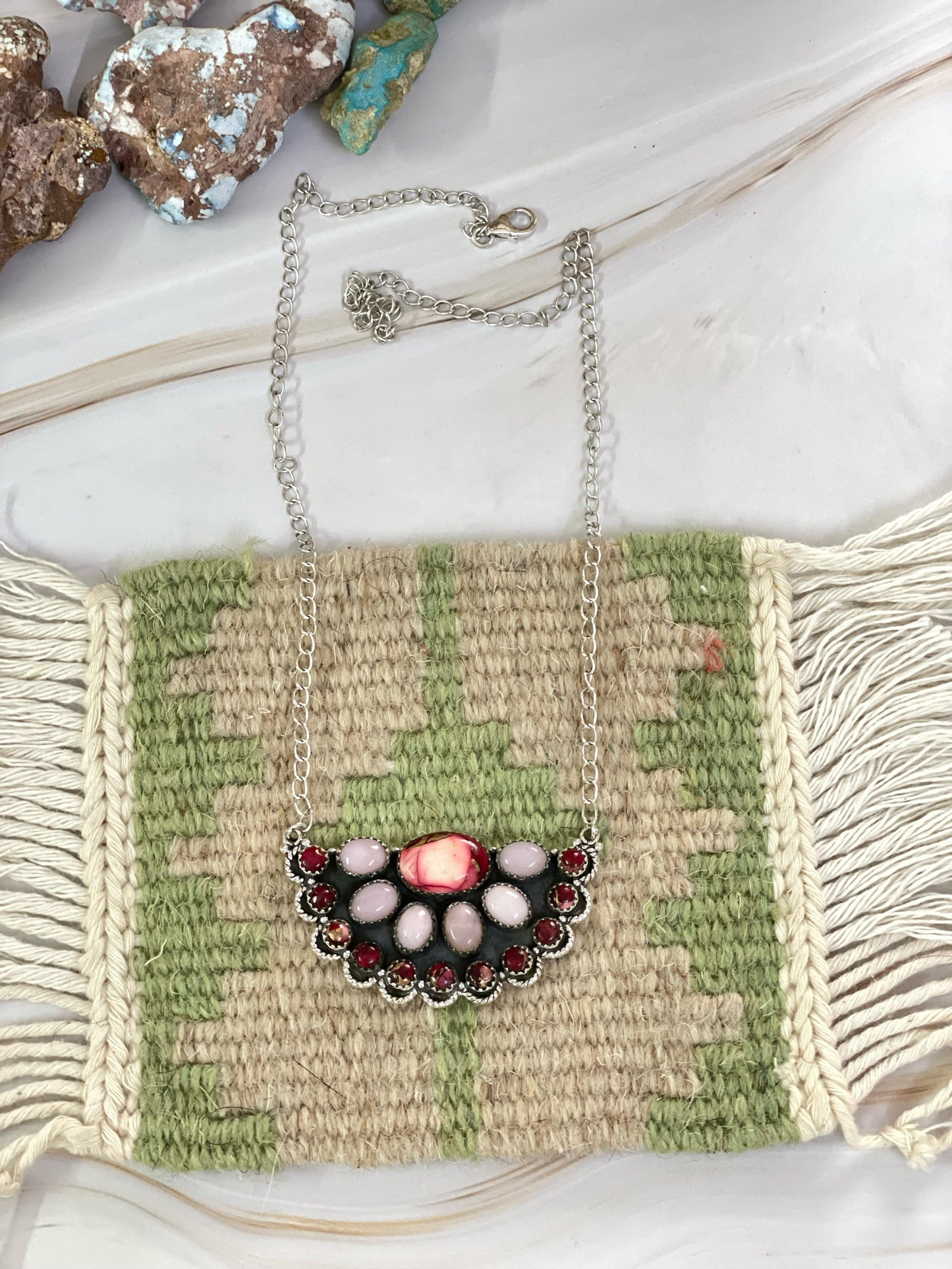 Handmade Sterling Silver, ROSE DAHLIA, PINK OPAL Necklace Signed Nizhoni