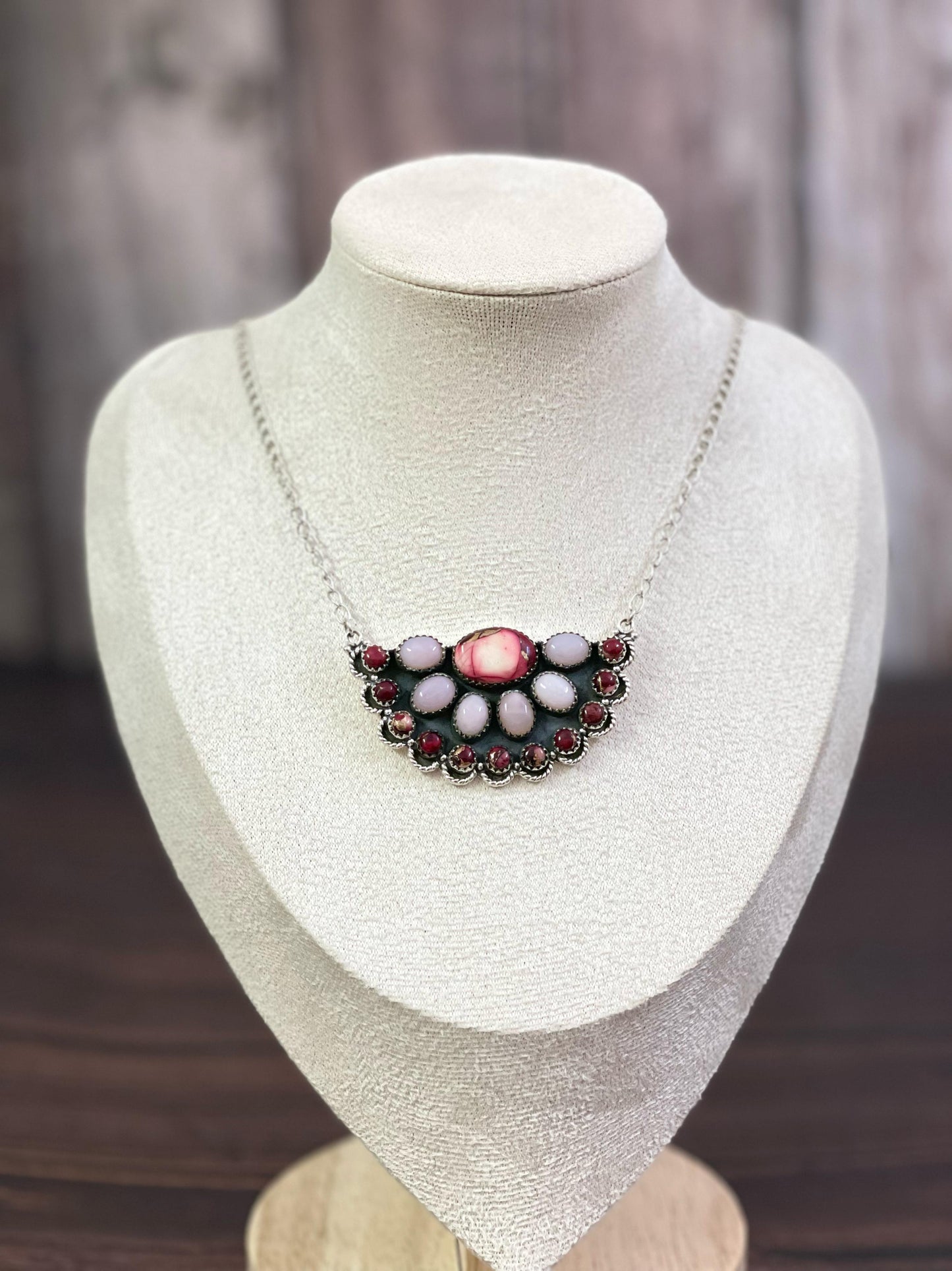 Handmade Sterling Silver, ROSE DAHLIA, PINK OPAL Necklace Signed Nizhoni