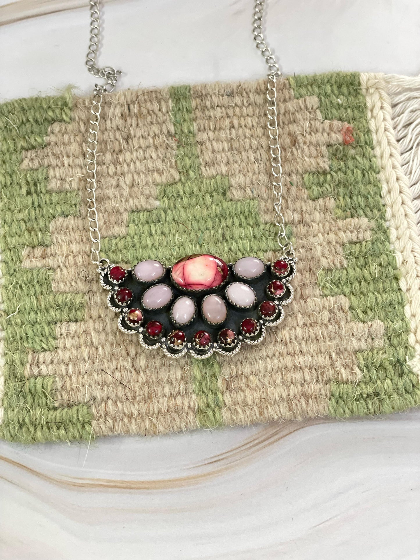 Handmade Sterling Silver, ROSE DAHLIA, PINK OPAL Necklace Signed Nizhoni