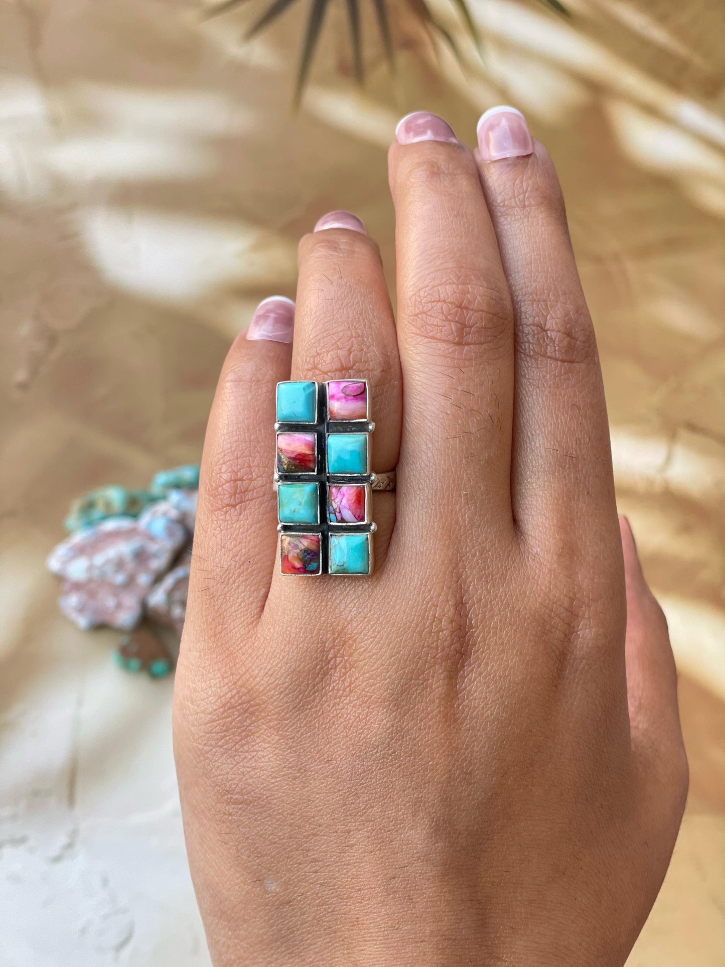 Handmade Sterling Silver Pink dream With Mojave Turquoise adjustable ring , signed Nizhoni