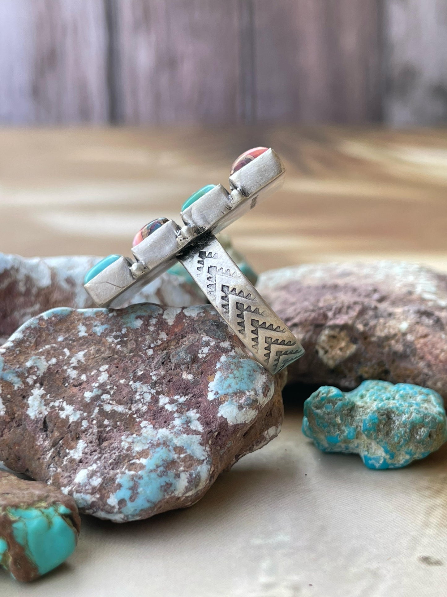 Handmade Sterling Silver Pink dream With Mojave Turquoise adjustable ring , signed Nizhoni