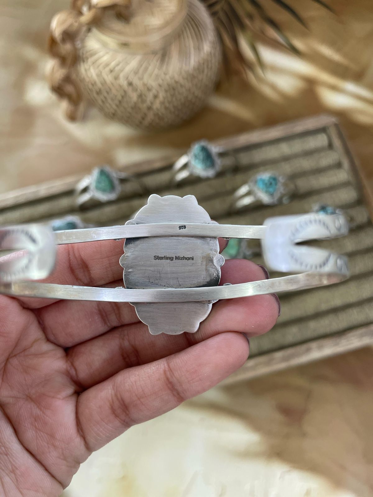 Handmade Sterling Silver Lander Turquoise Bracelet Signed Nizhoni