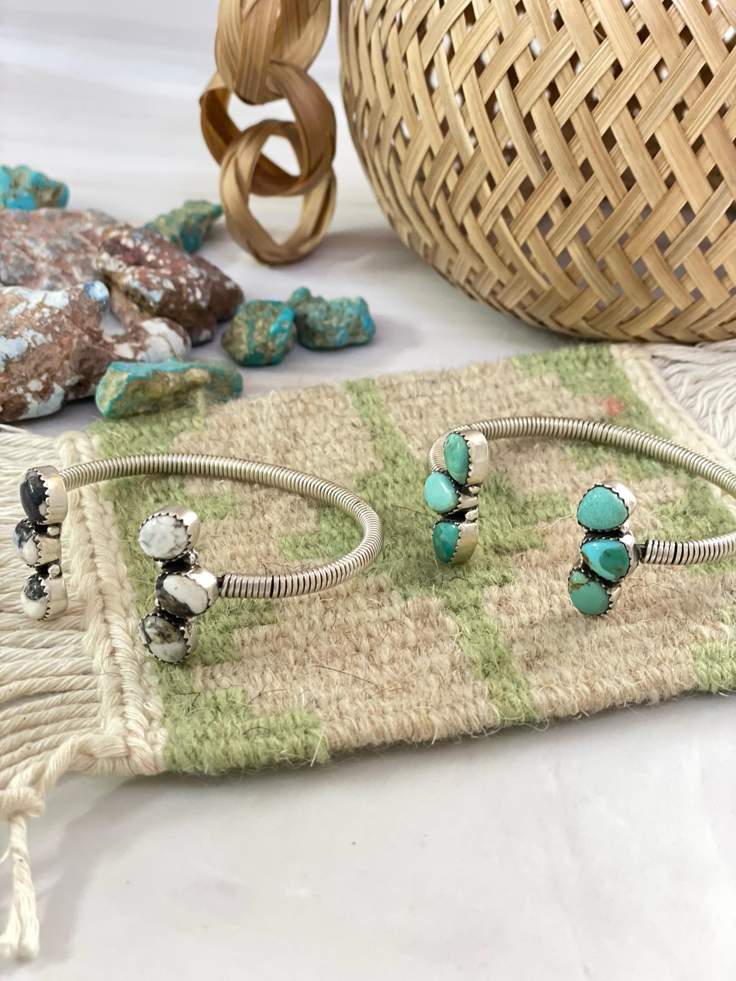 Handmade Sterling Silver White Buffalo and Turquoise Mojave Cuff Bracelet Signed Nizhoni
