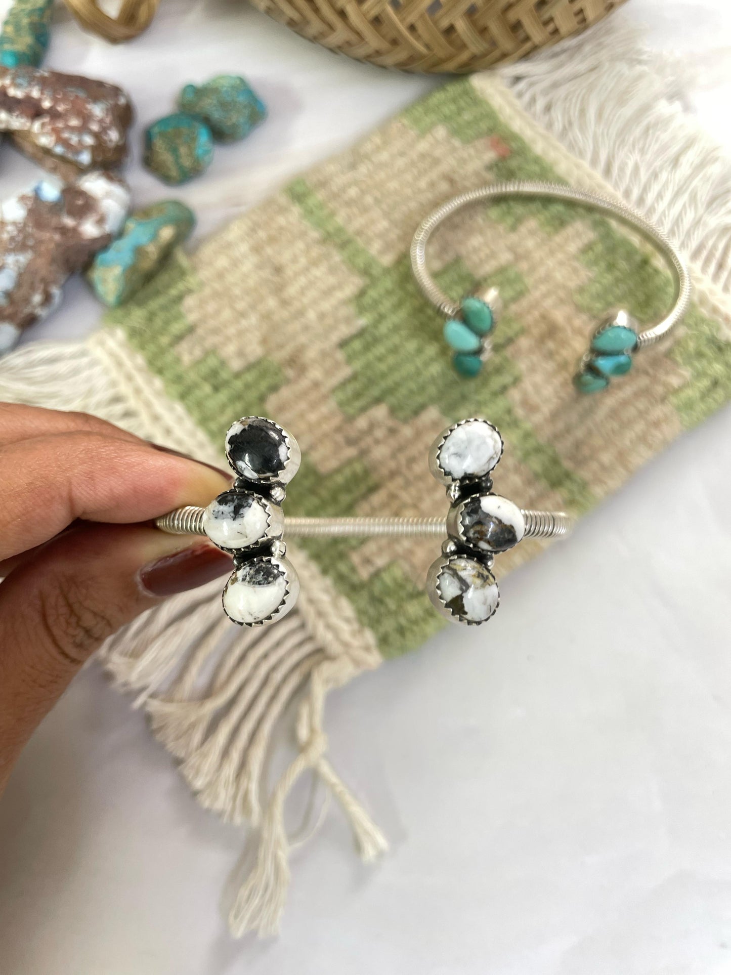 Handmade Sterling Silver White Buffalo and Turquoise Mojave Cuff Bracelet Signed Nizhoni
