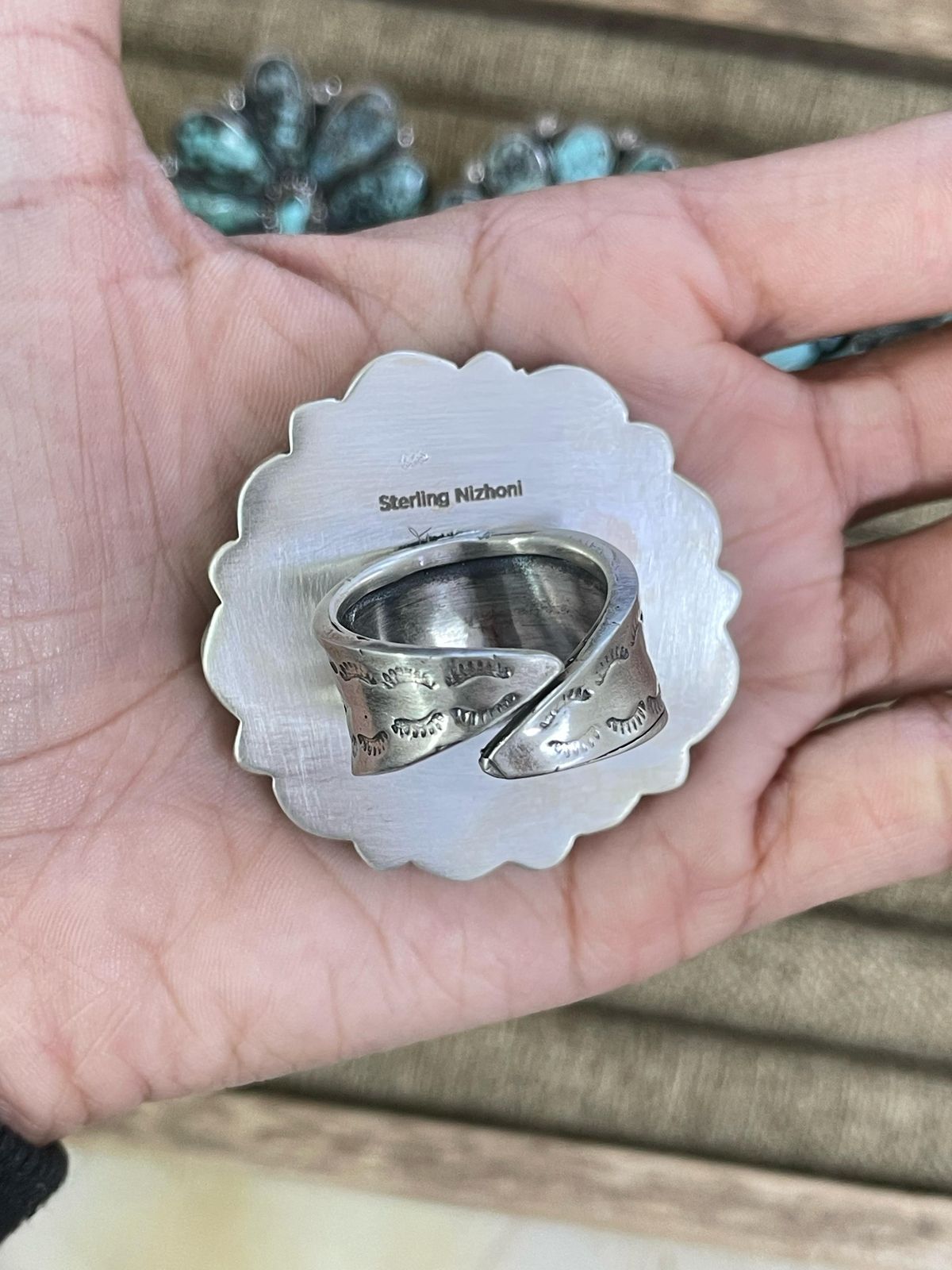Handmade Sterling Silver Lander Turquoise Adjustable Ring, Signed Nizhoni