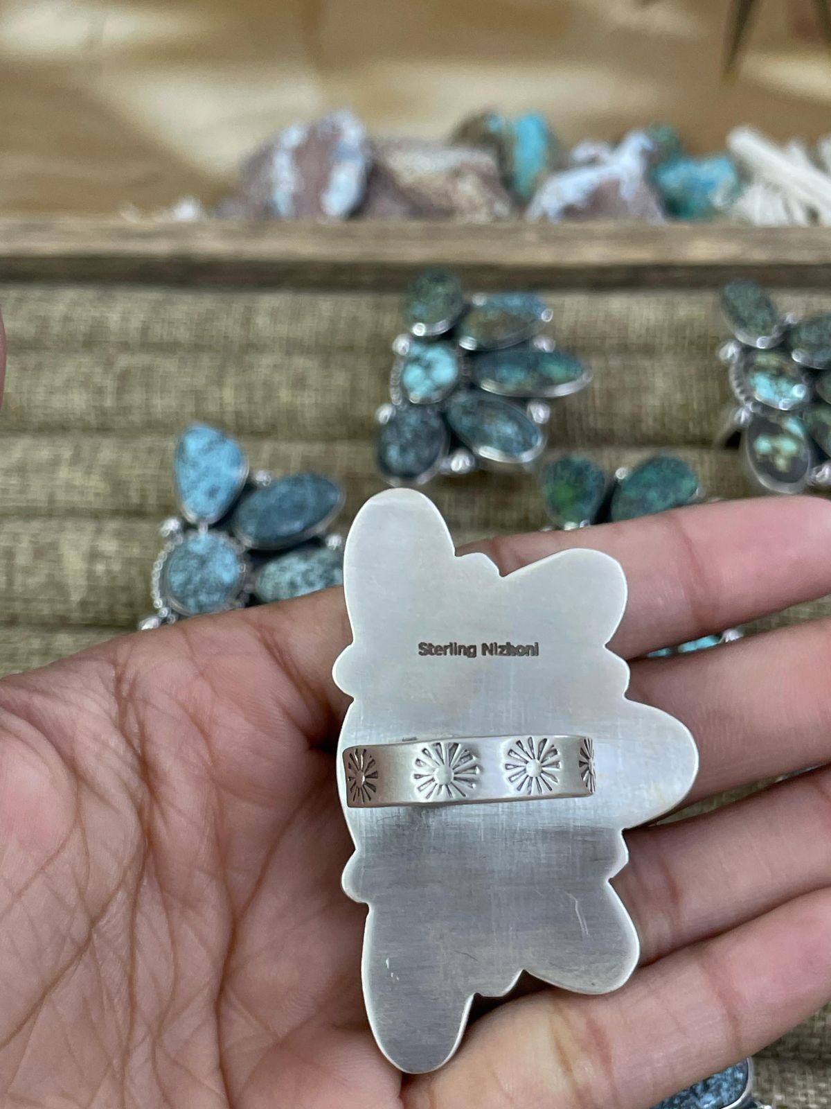 Handmade Sterling Silver Lander Turquoise Adjustable Ring, Signed Nizhoni