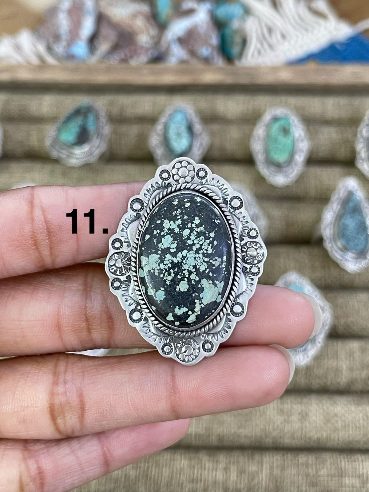 Handmade Sterling Silver Lander Turquoise Adjustable Ring, Signed Nizhoni