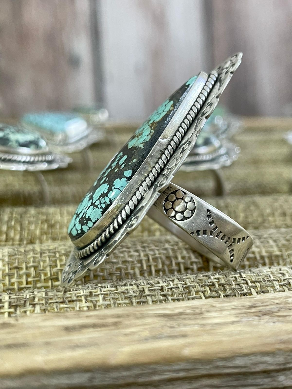 Handmade Sterling Silver Lander Turquoise Adjustable Ring, Signed Nizhoni