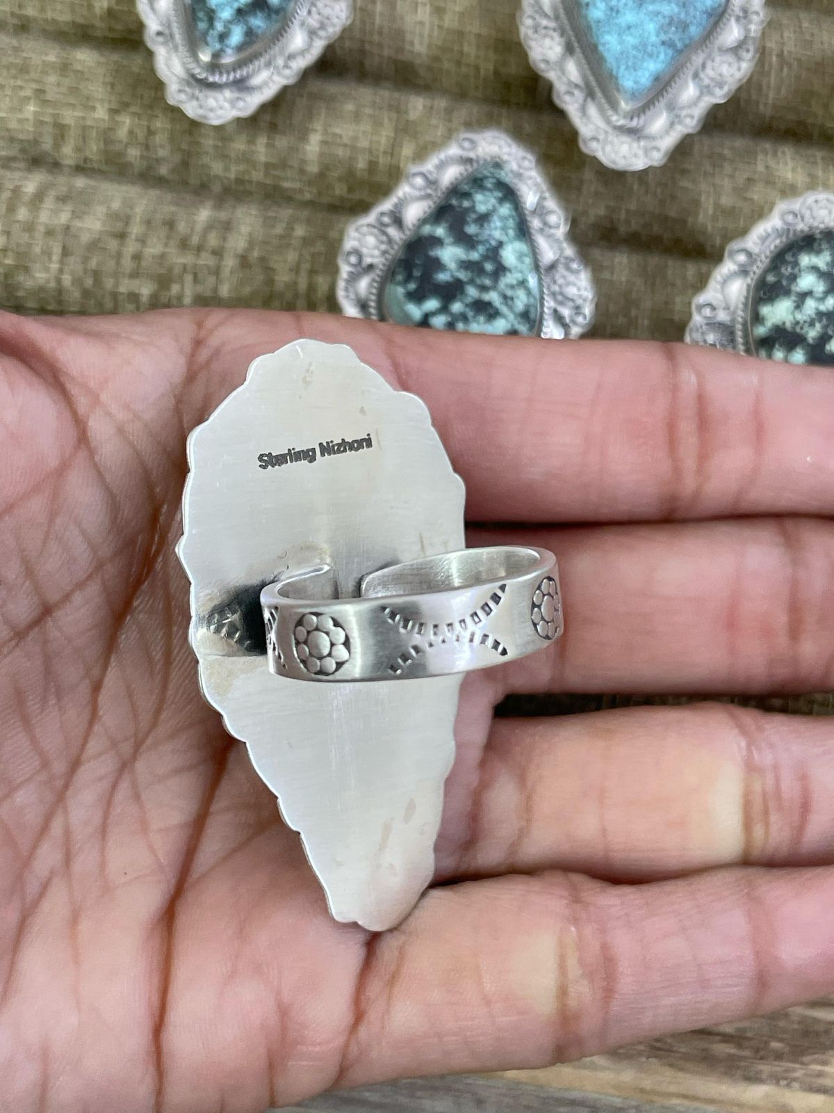 Handmade Sterling Silver Lander Turquoise Adjustable Ring, Signed Nizhoni