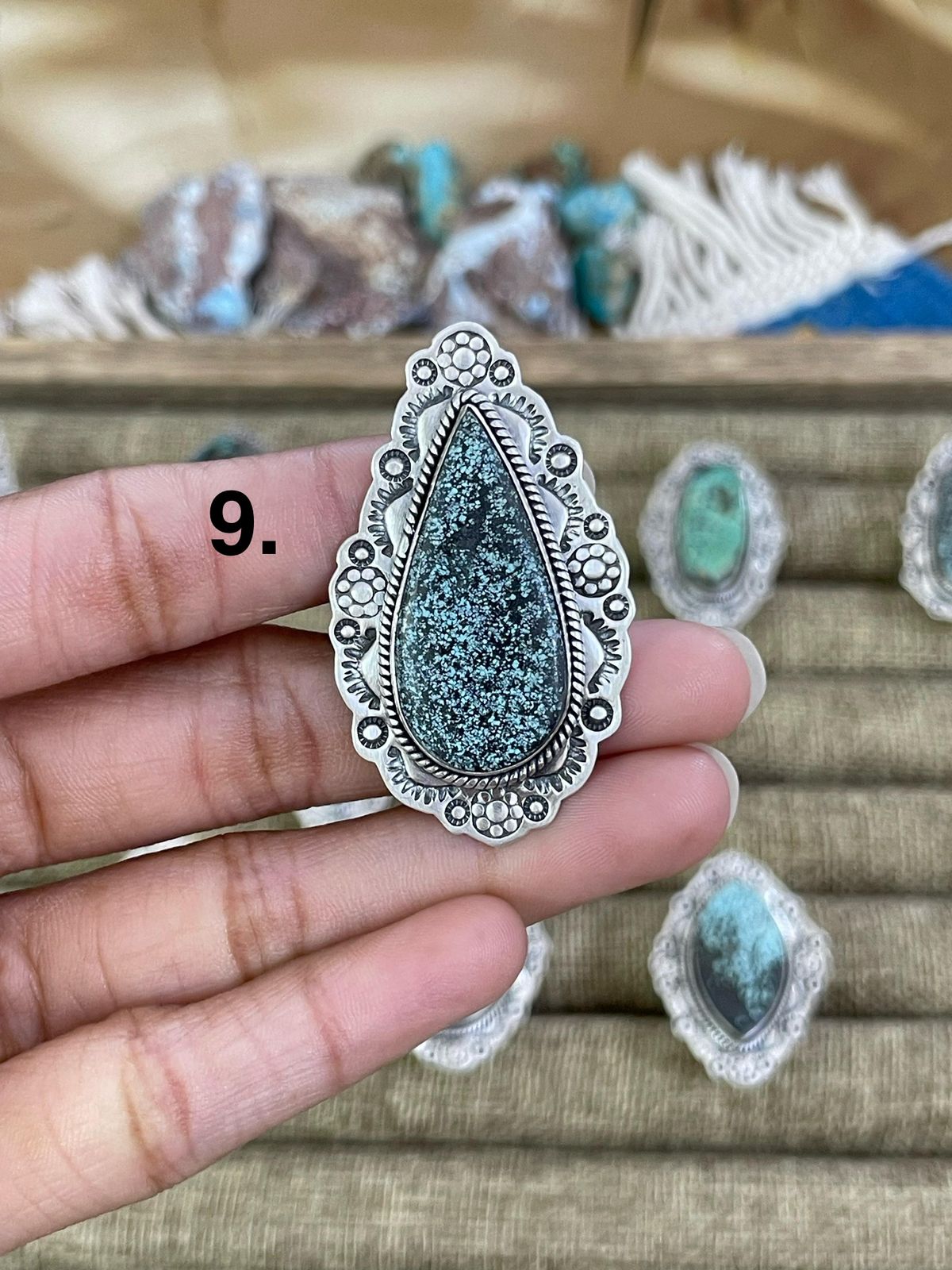 Handmade Sterling Silver Lander Turquoise Adjustable Ring, Signed Nizhoni