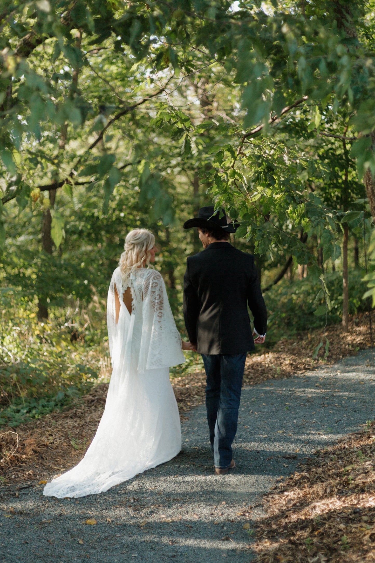 The Wilson Gown – Boho Lace Fit-and-Flare Wedding Dress with Fringe Back & Cape Sleeves