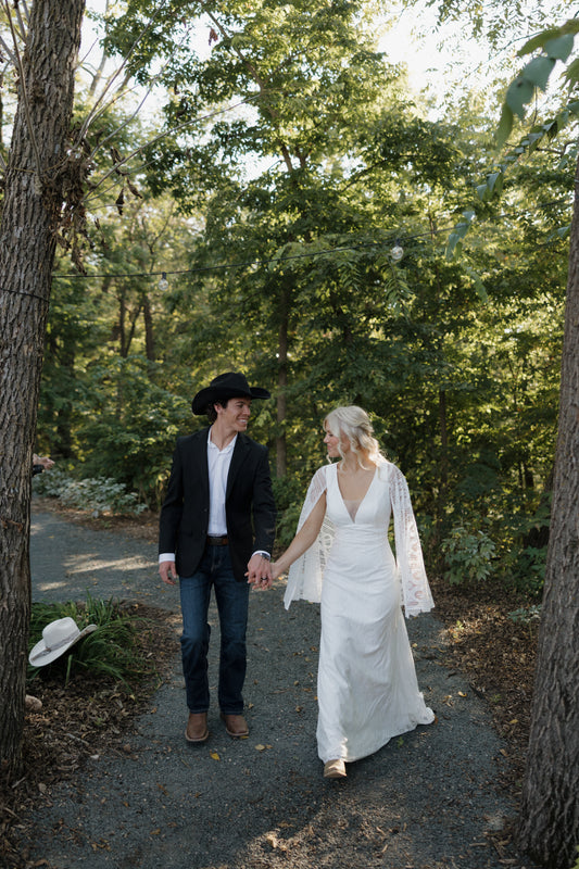 The Wilson Gown – Boho Lace Fit-and-Flare Wedding Dress with Fringe Back & Cape Sleeves