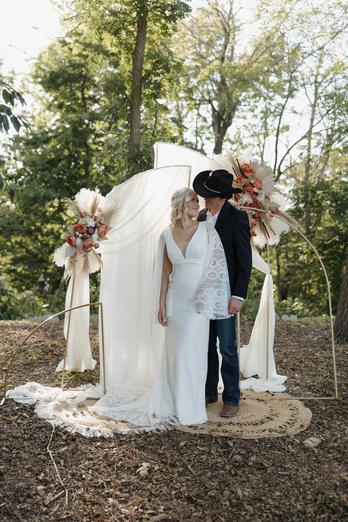 The Wilson Gown – Boho Lace Fit-and-Flare Wedding Dress with Fringe Back & Cape Sleeves