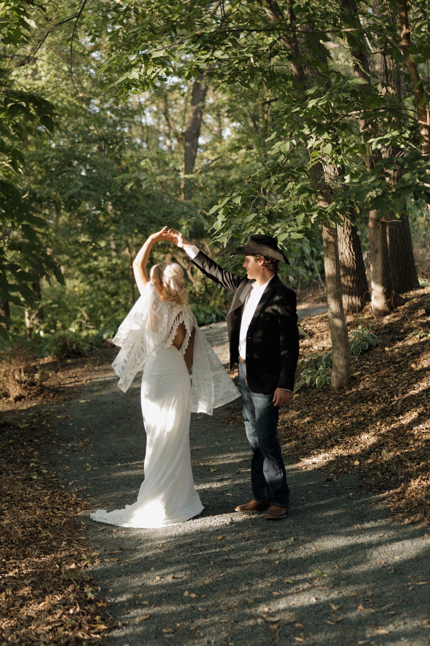 The Wilson Gown – Boho Lace Fit-and-Flare Wedding Dress with Fringe Back & Cape Sleeves