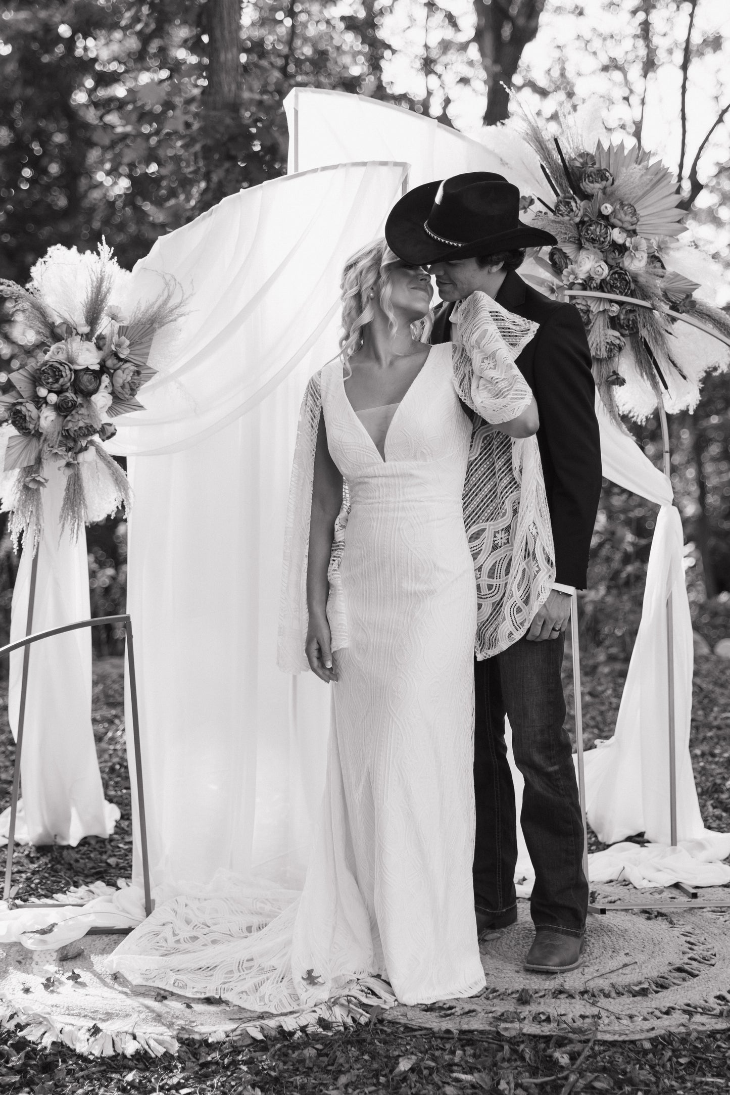 The Wilson Gown – Boho Lace Fit-and-Flare Wedding Dress with Fringe Back & Cape Sleeves