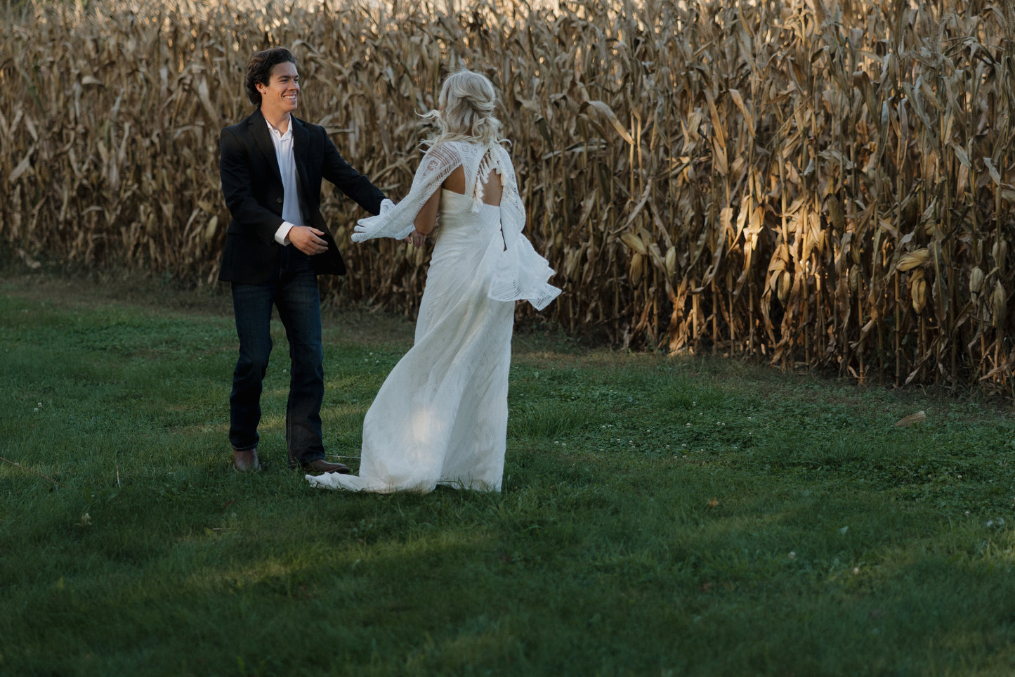 The Wilson Gown – Boho Lace Fit-and-Flare Wedding Dress with Fringe Back & Cape Sleeves