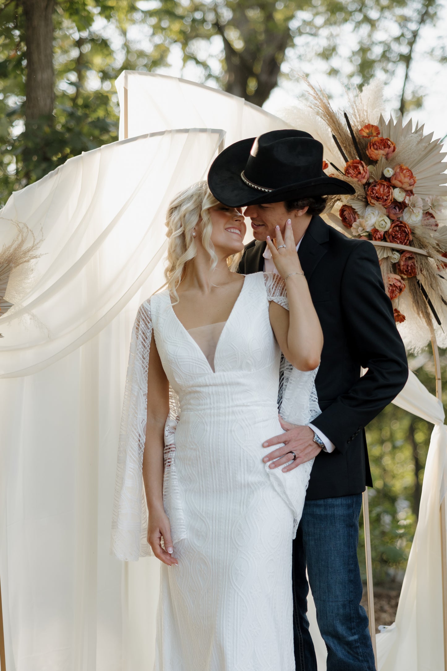 The Wilson Gown – Boho Lace Fit-and-Flare Wedding Dress with Fringe Back & Cape Sleeves