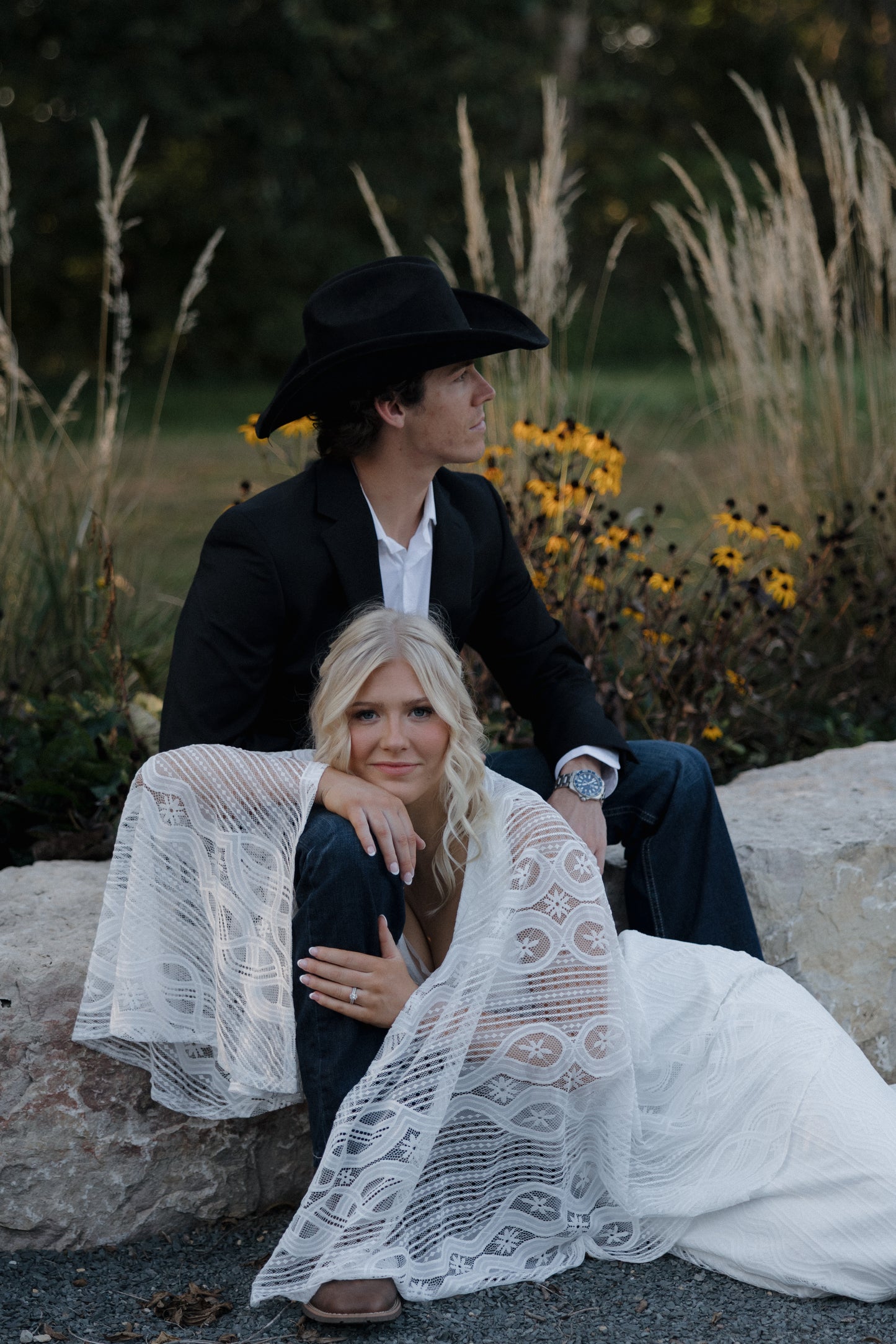 The Wilson Gown – Boho Lace Fit-and-Flare Wedding Dress with Fringe Back & Cape Sleeves