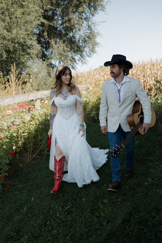 The Meredith Gown – Vintage Prairie Lace Wedding Dress with Basque Waistline