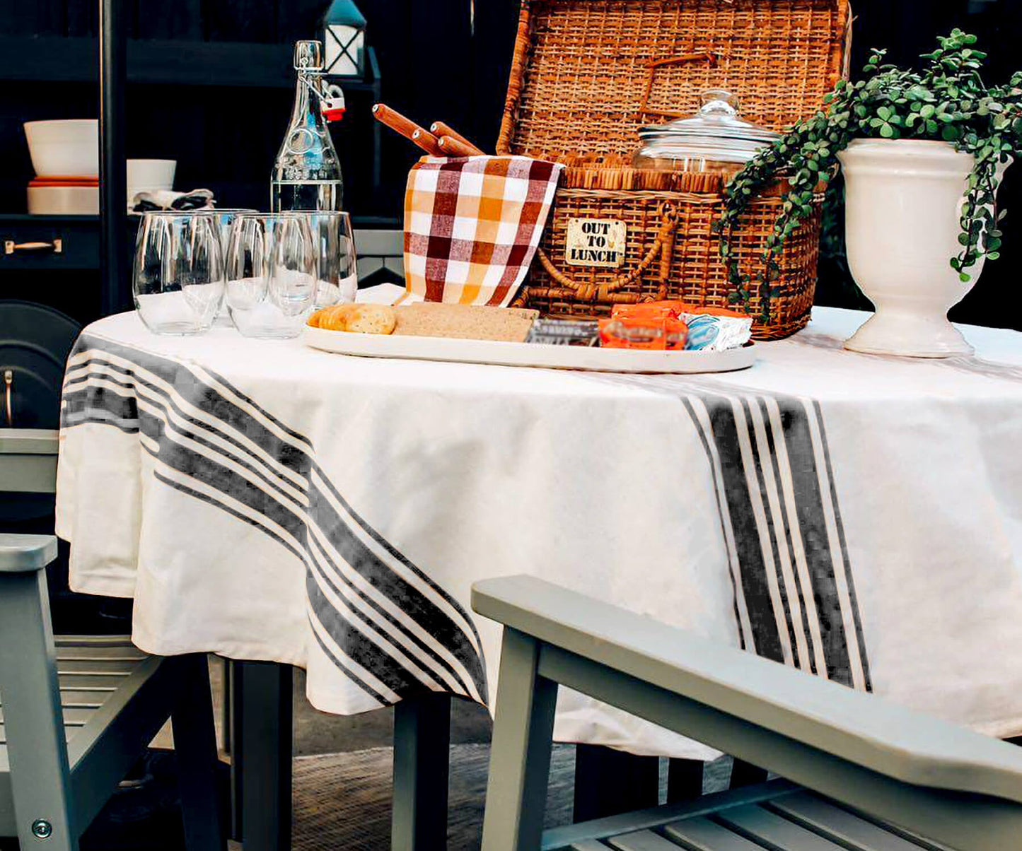 Navy Blue Striped Round Tablecloth