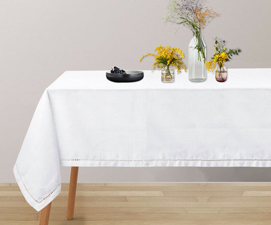 Cotton Linen Tablecloth - White Hemstitched
